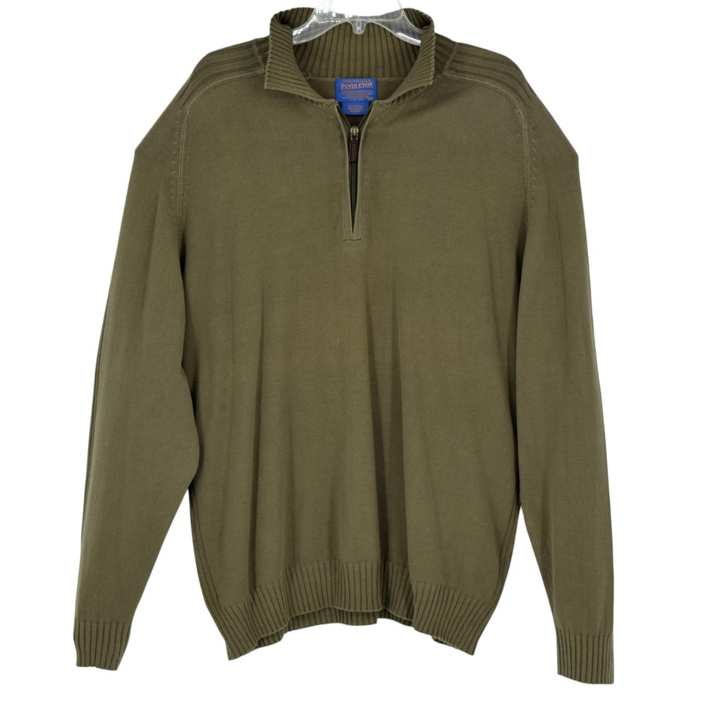 Pendleton Mens 1/4 Zip Pullover Sweater XL Olive Green Cotton Knit Mock Neck